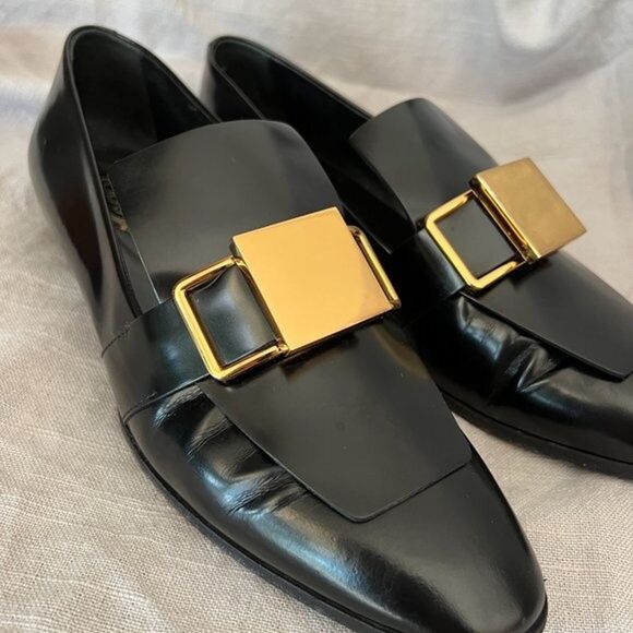 Tod's black patent leather shiny‎ gold metal buckle strap wedge Loafers size 39 - Picture 10 of 12
